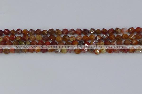 CAA1000 15.5 inches 6mm faceted nuggets red moss agate beads