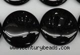 CAG4016 15.5 inches 25mm flat round black agate beads