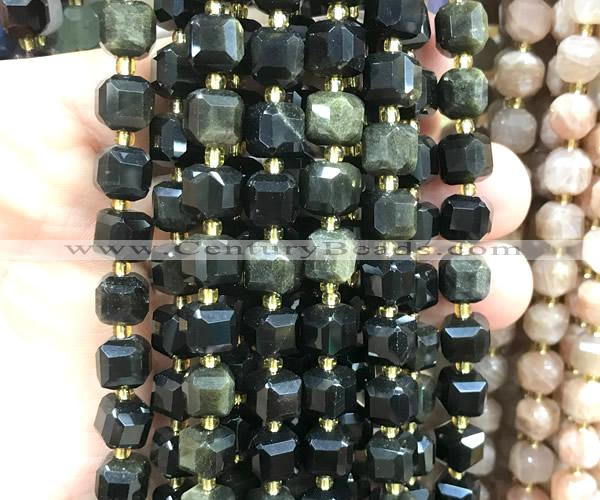 CCU1512 15 inches 8mm - 9mm faceted cube golden obsidian beads