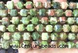 CCU1537 15 inches 8mm - 9mm faceted cube unakite gemstone beads