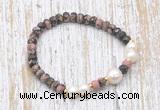 CFB765 faceted rondelle rhodonite & potato white freshwater pearl stretchy bracelet