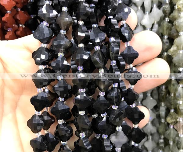 CFG1764 15 inches 10mm four leaf clover black agate beads