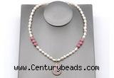 CFN163 baroque white freshwater pearl & pink wooden jasper necklace with pendant