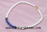 CFN403 9-10mm rice white freshwater pearl & lapis lazuli necklace