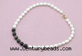 CFN438 9 - 10mm rice white freshwater pearl & golden obsidian necklace