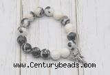 CGB6884 10mm, 12mm black & white jasper beaded bracelet with alloy pendant