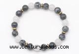 CGB8123 8mm snowflake obsidian, white jade & hematite power beads bracelet