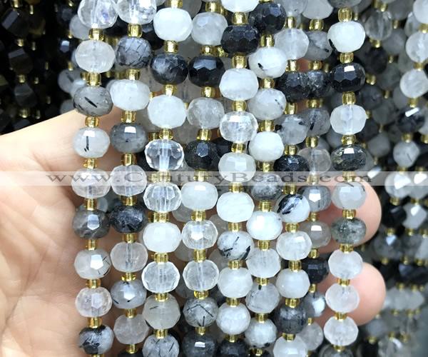 CRB6004 15 inches 6*8mm faceted rondelle black rutilated quartz beads