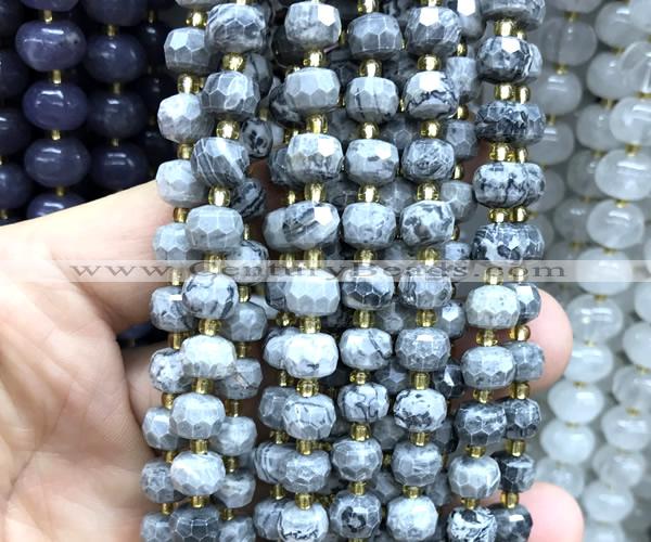 CRB6019 15 inches 6*8mm faceted rondelle grey picture jasper beads