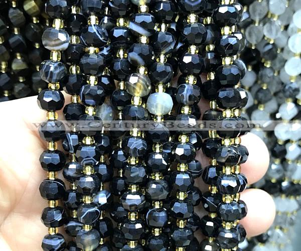 CRB6038 15 inches 6*8mm faceted rondelle black banded agate beads