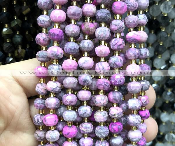 CRB6044 15 inches 6*8mm faceted rondelle fuchsia crazy lace agate beads
