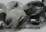 CRU05 15.5 inches 25mm faceted flat round black rutilated quartz beads