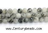 CRU1095 15.5 inches 14mm faceted round black rutilated quartz gemstone beads