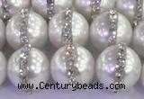 CSB1504 15.5 inches 14mm round shell pearl with rhinestone beads