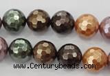 CSB512 15.5 inches 12mm faceted round mixed color shell pearl beads