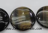 CTE1352 15.5 inches 30mm flat round yellow & blue tiger eye beads