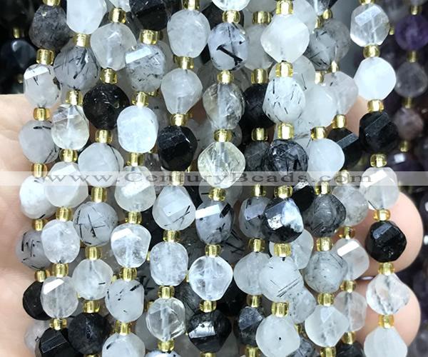 CTW557 8mm faceted & twisted S-shaped black rutilated quartz beads