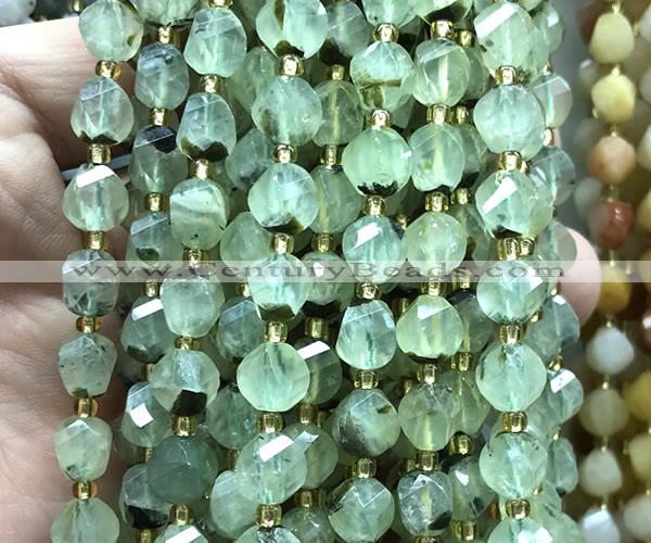 CTW558 8mm faceted & twisted S-shaped green rutilated quartz beads
