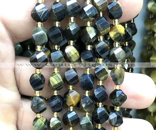 CTW568 8mm faceted & twisted S-shaped yellow & blue tiger eye beads