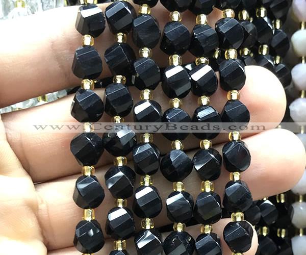 CTW581 15 inches 8mm faceted & twisted S-shaped black onyx beads