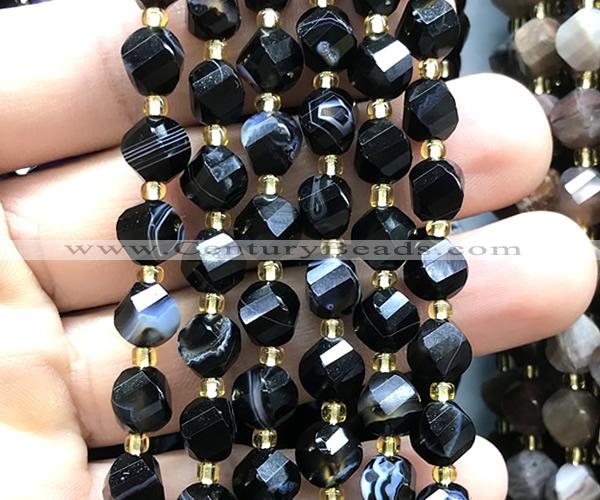 CTW583 8mm faceted & twisted S-shaped black banded agate beads