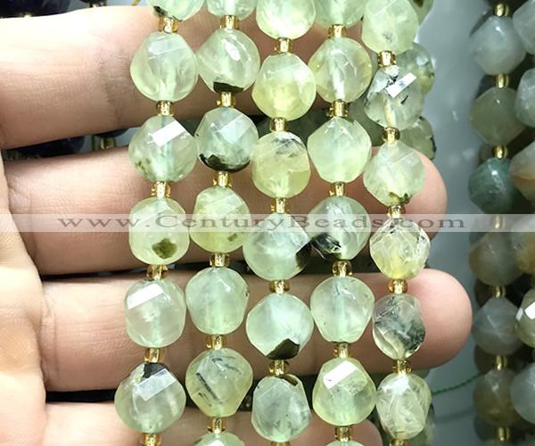 CTW657 10mm faceted & twisted S-shaped green rutilated quartz beads