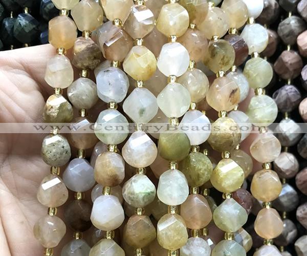 CTW660 10mm faceted & twisted S-shaped green rutilated quartz beads