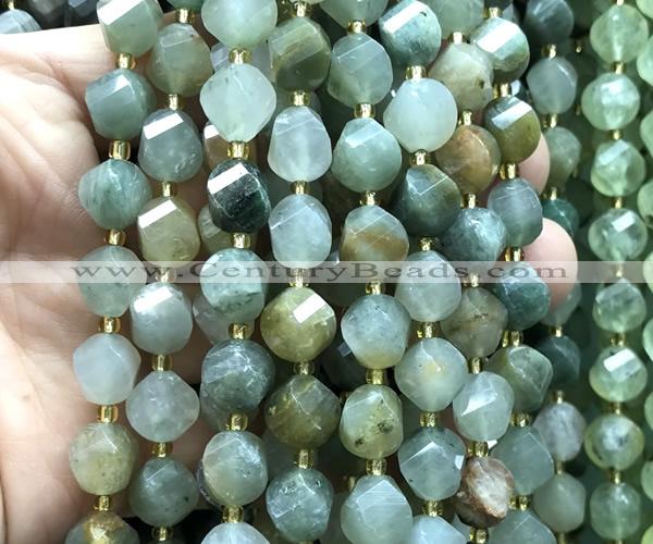 CTW661 10mm faceted & twisted S-shaped green rutilated quartz beads