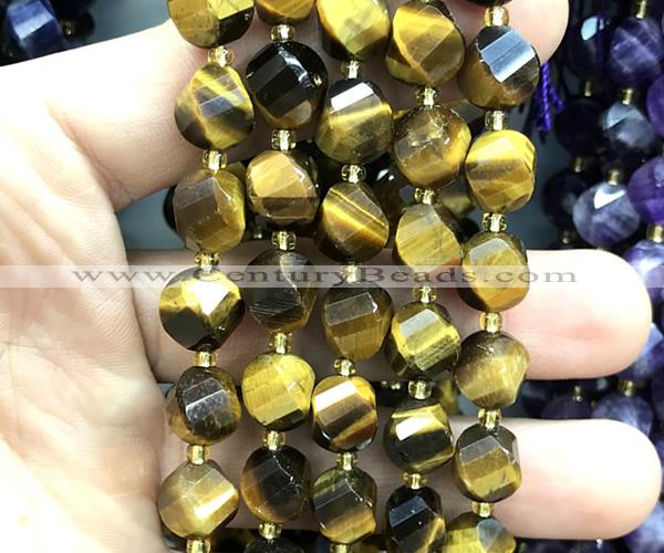 CTW665 10mm faceted & twisted S-shaped grade A yellow tiger eye beads