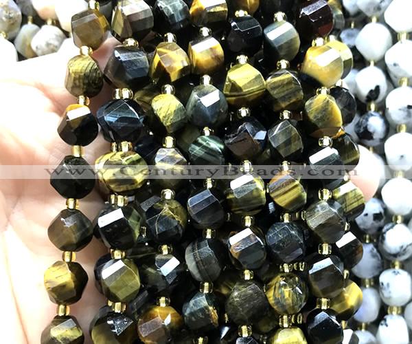 CTW668 10mm faceted & twisted S-shaped yellow & blue tiger eye beads