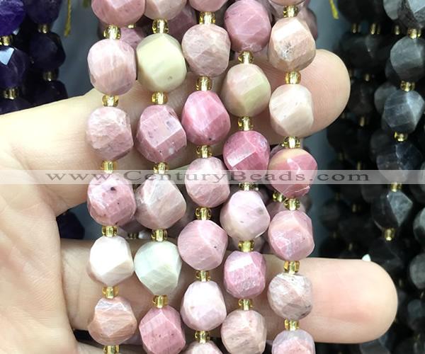 CTW670 10mm faceted & twisted S-shaped pink wooden jasper beads