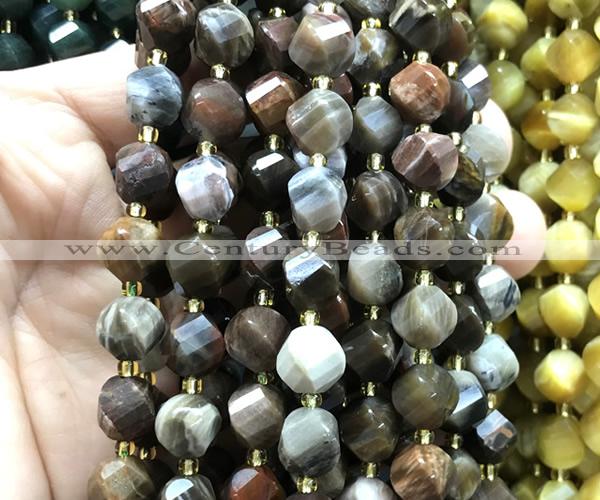CTW675 15 inches 10mm faceted & twisted S-shaped wooden jasper beads