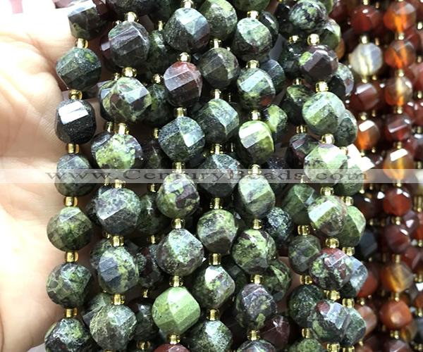 CTW677 10mm faceted & twisted S-shaped dragon blood jasper beads