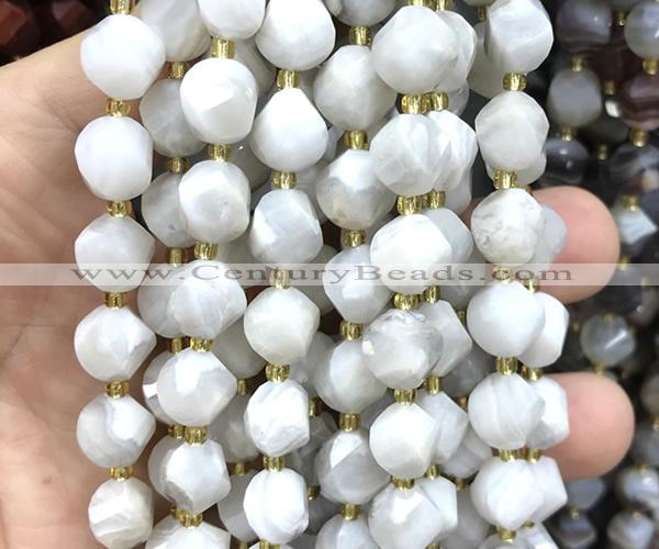 CTW680 10mm faceted & twisted S-shaped white crazy lace agate beads