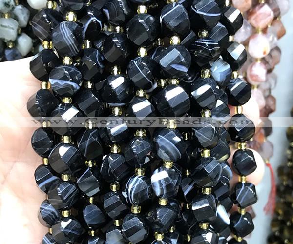 CTW689 10mm faceted & twisted S-shaped black banded agate beads