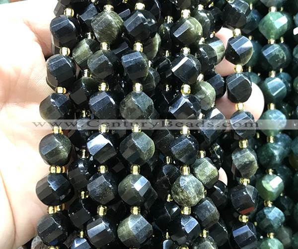 CTW696 15 inches 10mm faceted & twisted S-shaped golden obsidian beads