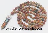 GMN1532 Hand-knotted 8mm, 10mm picasso jasper 108 beads mala necklace with pendant