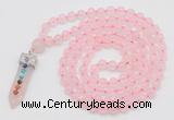 GMN1544 Hand-knotted 8mm, 10mm rose quartz 108 beads mala necklace with pendant