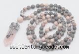 GMN1556 Knotted 8mm, 10mm pink zebra jasper 108 beads mala necklace with pendant