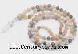 GMN1660 Hand-knotted 6mm bamboo leaf agate 108 beads mala necklaces with pendant