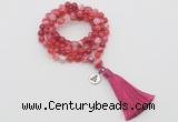 GMN1756 Knotted 8mm, 10mm red banded agate 108 beads mala necklace with tassel & charm