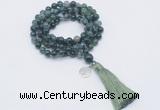 GMN1761 Knotted 8mm, 10mm moss agate 108 beads mala necklace with tassel & charm