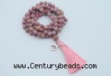 GMN1768 Knotted 8mm, 10mm pink fossil jasper 108 beads mala necklace with tassel & charm