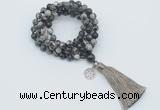 GMN1773 Knotted 8mm, 10mm black water jasper 108 beads mala necklace with tassel & charm