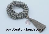 GMN1777 Knotted 8mm, 10mm dalmatian jasper 108 beads mala necklace with tassel & charm