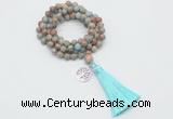 GMN1781 Knotted 8mm, 10mm serpentine jasper 108 beads mala necklace with tassel & charm