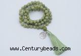 GMN1787 Knotted 8mm, 10mm China jade 108 beads mala necklace with tassel & charm