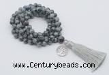 GMN1797 Knotted 8mm, 10mm eagle eye jasper 108 beads mala necklace tassel & charm