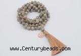 GMN1802 Knotted 8mm, 10mm feldspar 108 beads mala necklace with tassel & charm