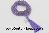 GMN1821 Knotted 8mm, 10mm amethyst 108 beads mala necklace with tassel & charm